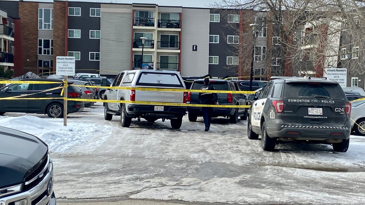 Marked and unmarked Edmonton police vehicles near 105 Street and 38 Avenue where officers shot a man during an arrest attempt Mar. 12, 2022.