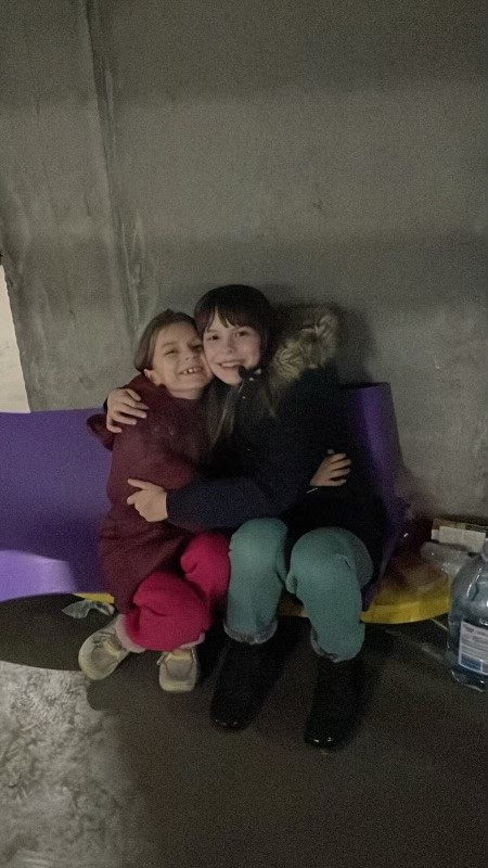 Anastasia Aslanova’s nieces, Zoya and Yeva, aged 7 and 9, overnighting in a make-shift shelter in Kyiv.