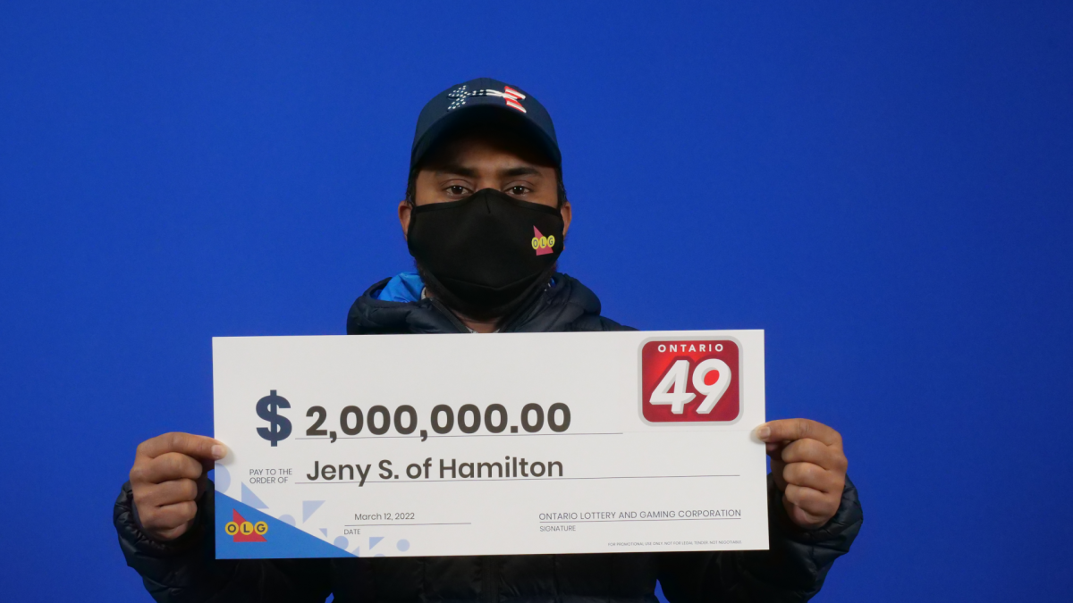 Jeny Samuel of Hamilton celebrating after winning an Ontario 49 top prize worth $2 million in the February 9, 2022 draw.