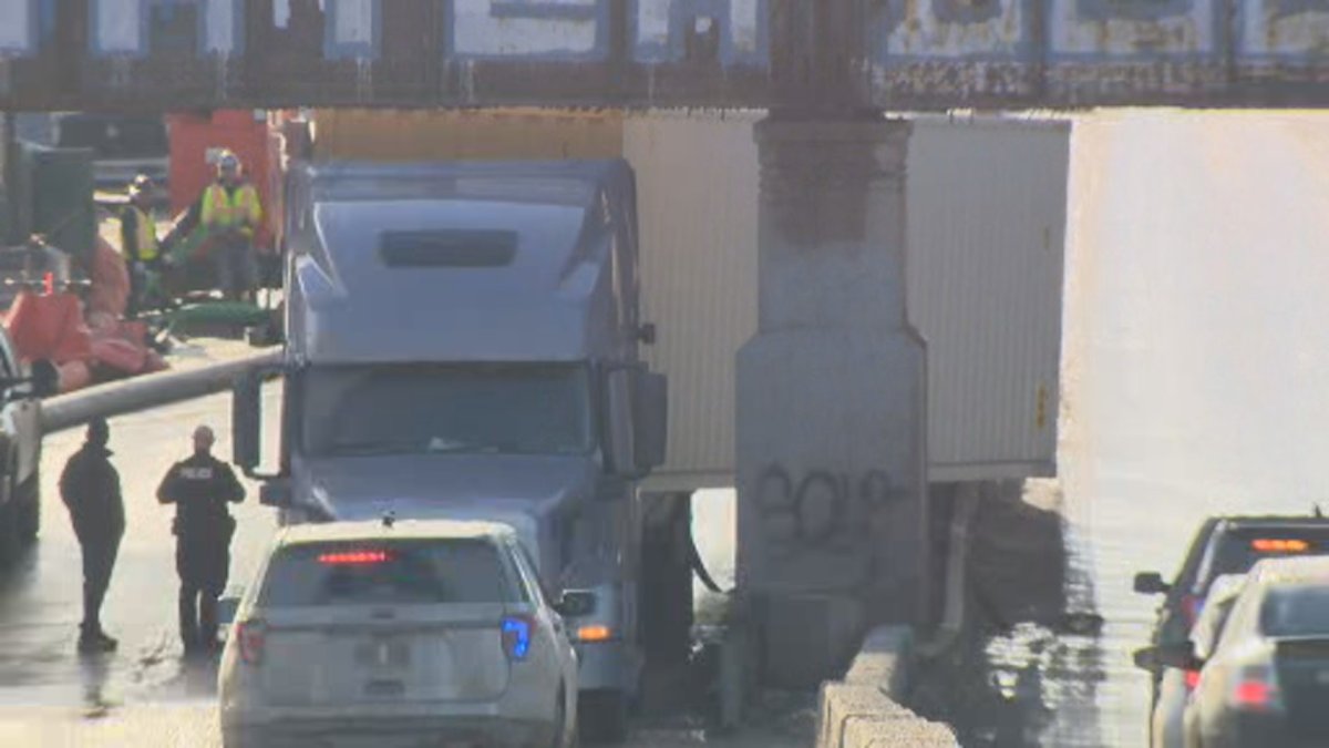A semi-truck stuck at Portage and Empress.