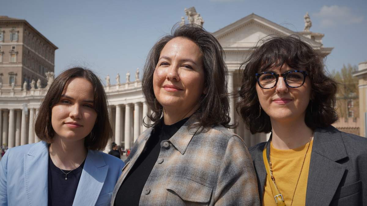 Phil Fontaine's daughter, Maya Fontaine, is flanked by her two daughters, Aluk Fontaine Richardson (left) and Ella Fontaine Richardson during the Indigenous delegation to the Vatican on March 29, 2022.