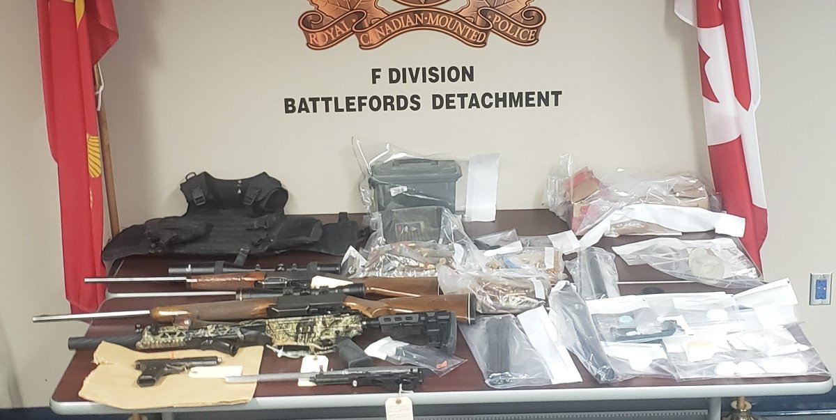 RCMP said a number of weapons, along with drugs, were seized on Feb. 26, 2022, when three search warrants were executed in western Saskatchewan.