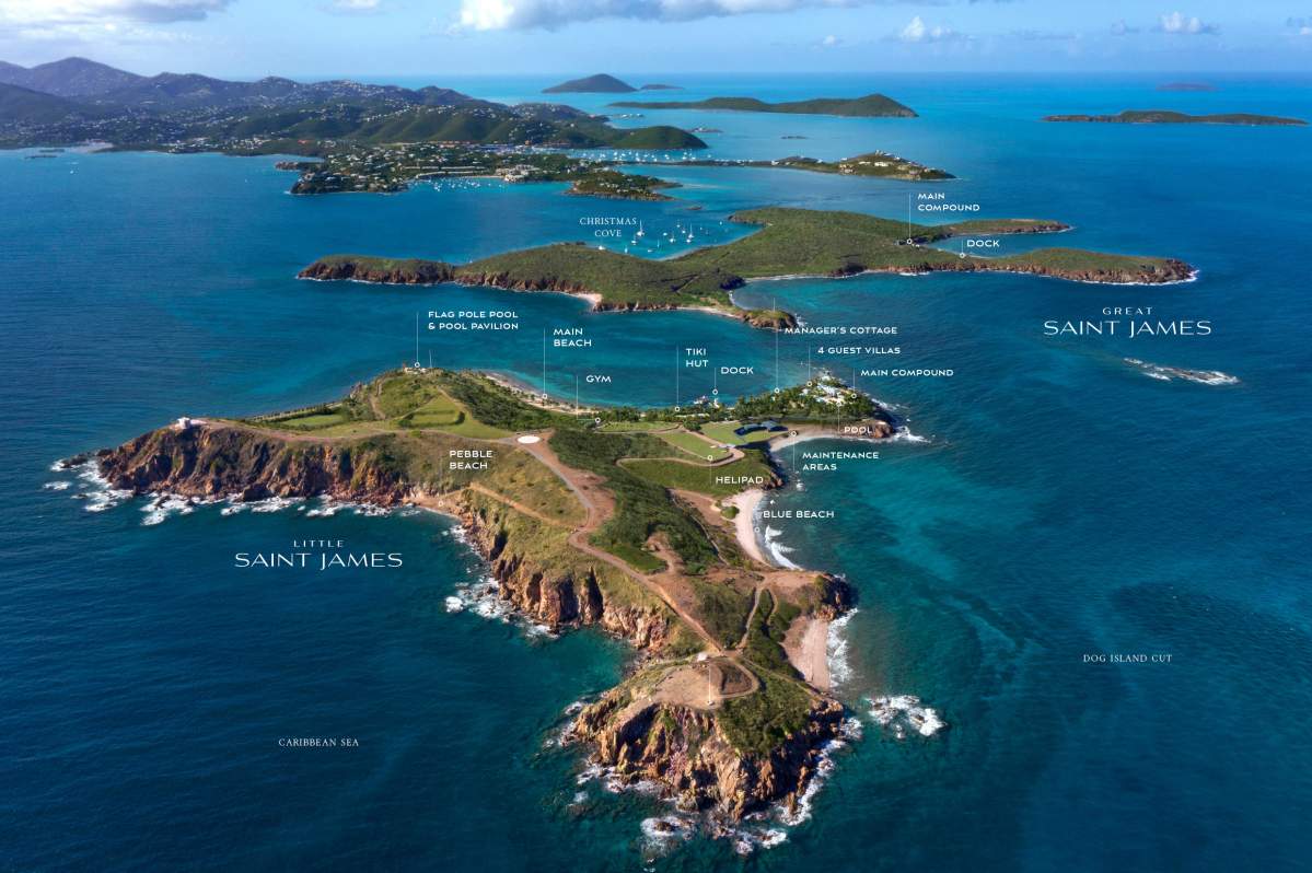 A brochure for the sale of the St. James islands showing where different amenities are located.