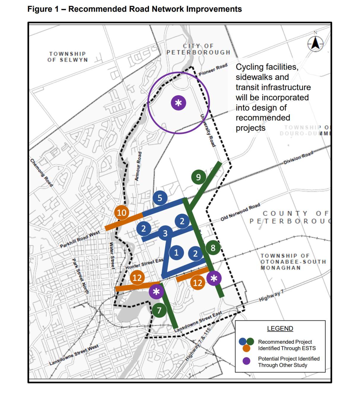 Recommended road network upgrades as part of the Eastside Transportation Study for Peterborough.