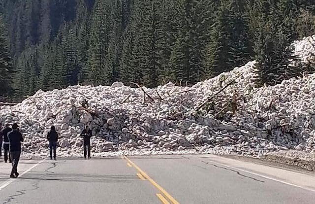 A photo showing an avalanche covering a section of the Trans-Canada Highway between Revelstoke and Golden on Tuesday.