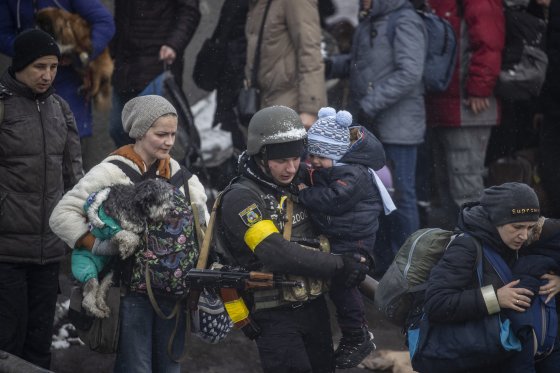 Civilians fleeing from Irpin, near Kyiv