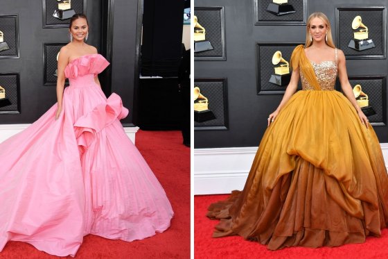 Chrissy Teigen and Carrie Underwood at the 2022 Grammy Awards.