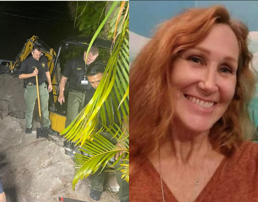 A split screen photo of police at the dig site. Cynthia Cole appears in the other half of the picture, smiling and wearing an orange shirt.
