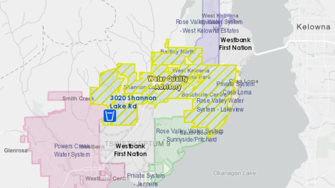 A map showing sections of West Kelowna that’s under a water quality advisory that was issued on March 31, 2022.