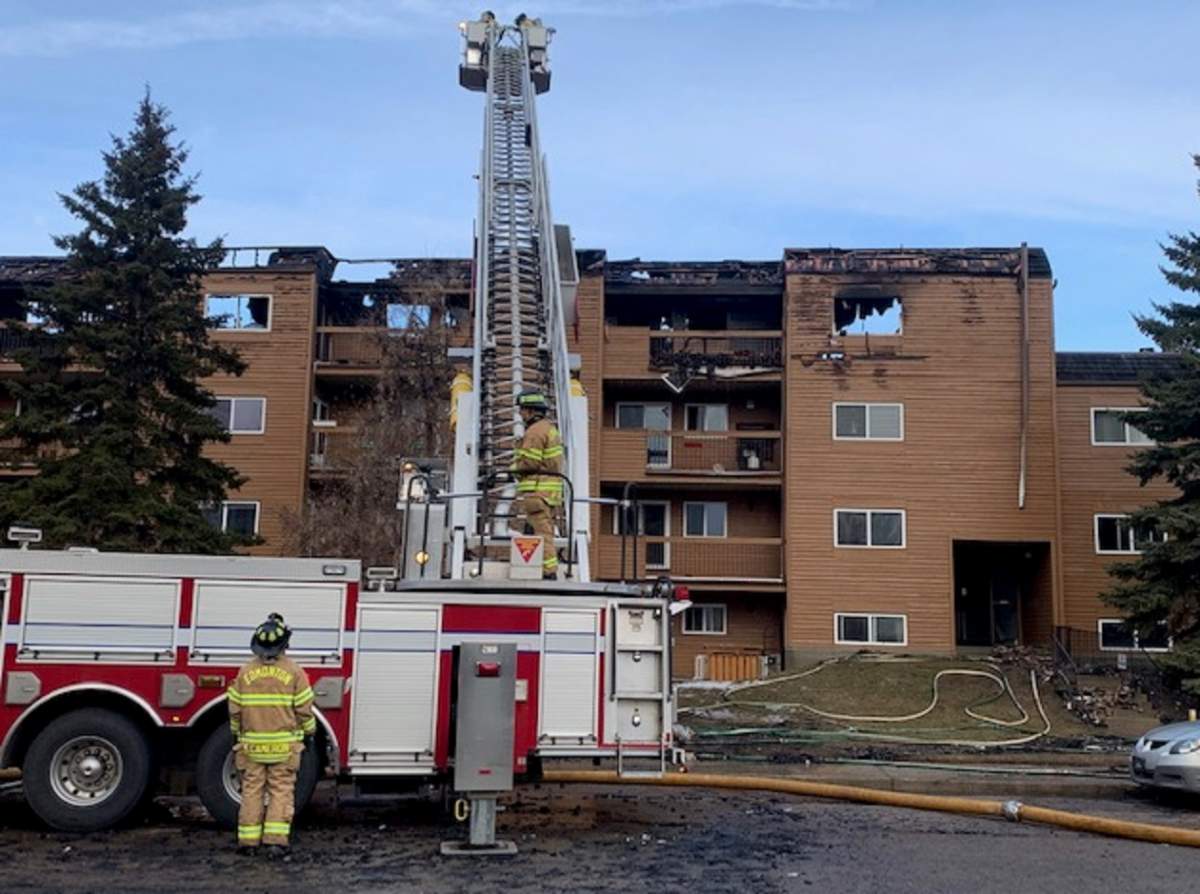 An apartment building in the area of 182 Street and 95 Avenue was extensively damaged by fire the evening of March 30, 2022.