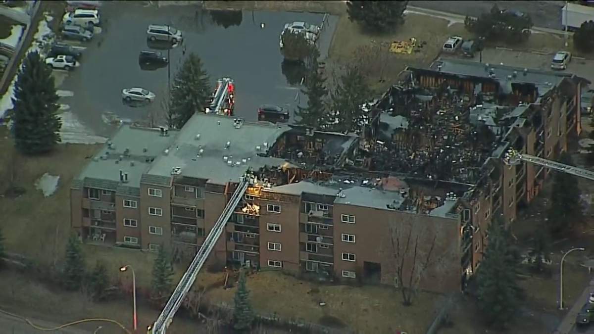 An aerial view of the damage to an apartment in the area of 182 Street and 95 Avenue in Edmonton. Thursday, March 31, 2022.