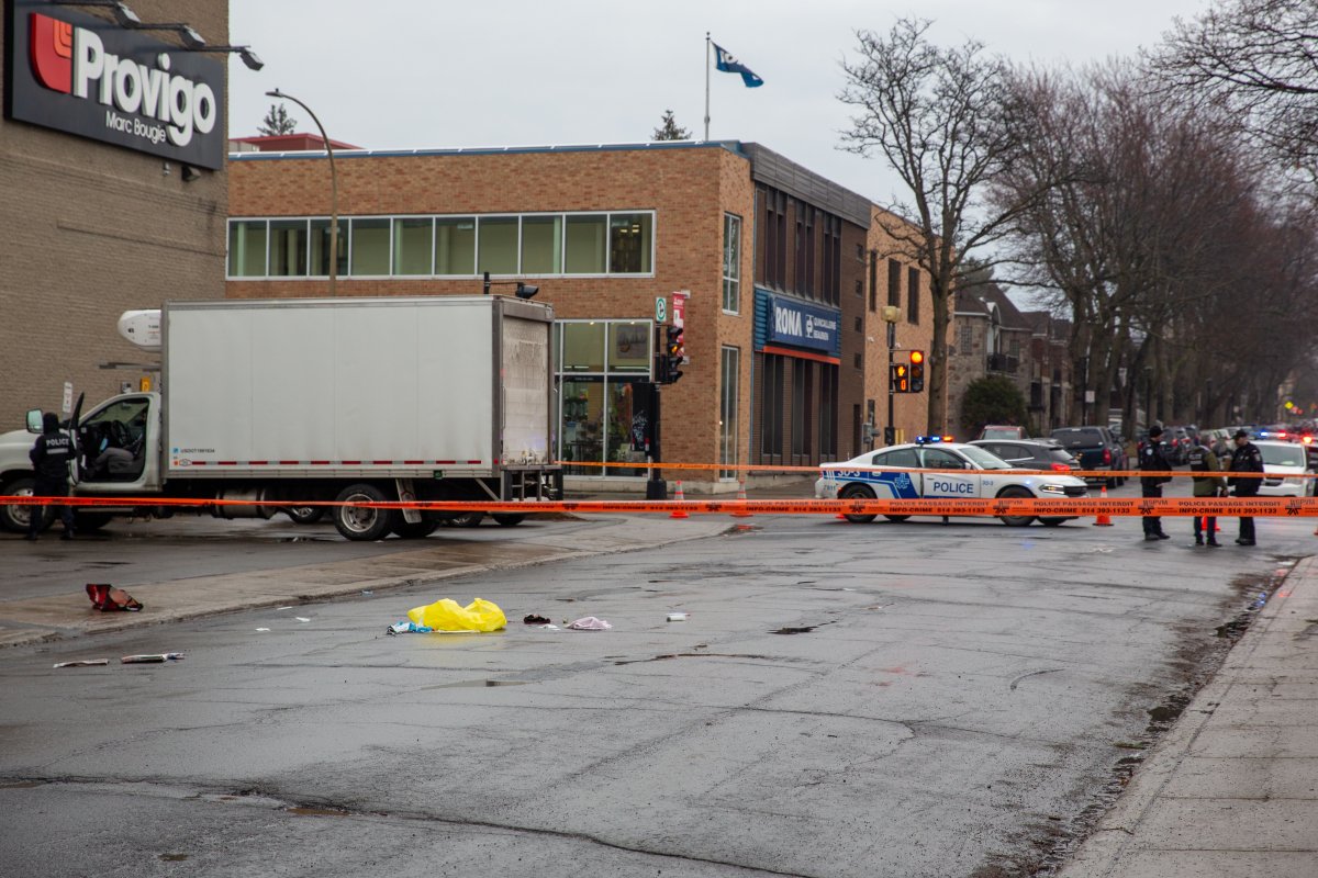 A safety perimeter has been set up after a truck ran over a man in Montreal's Rosemont borough on Thursday, March 31, 2022.