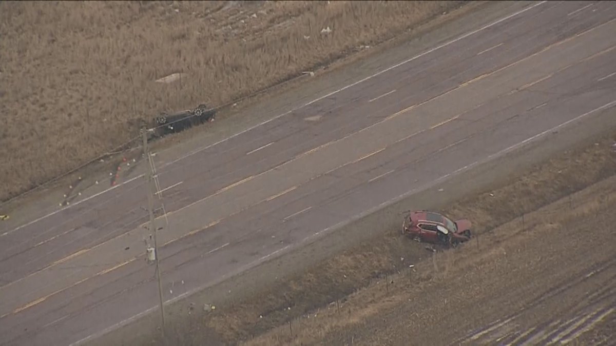 An aerial view of the crash in Brampton on March 31, 2022.