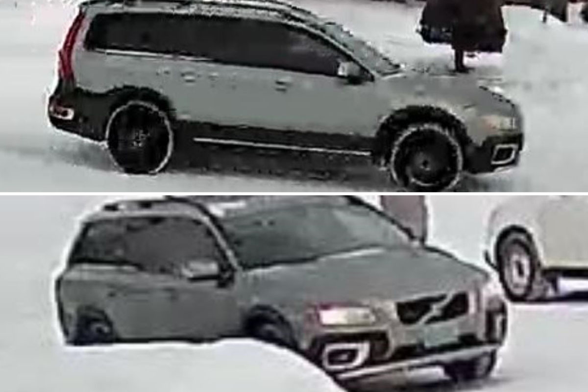 The suspect vehicle is described as a 2008 to 2013 grey or tan Volvo XC70.