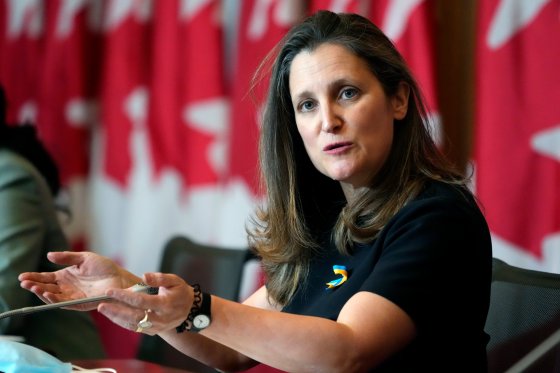 Deputy Prime Minister Chrystia Freeland speaks at a press conference.