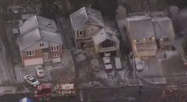 An aerial view of the house fire in Brampton on March, 28, 2022.