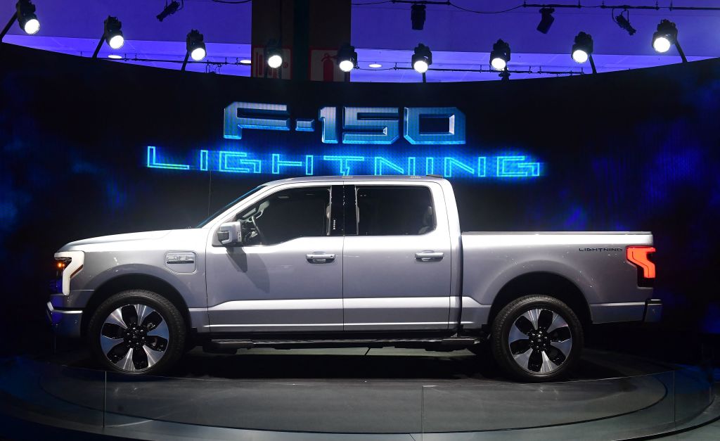 The all-electric F-150 Lightning from Ford is displayed at the Los Angeles Auto Show on November 18, 2021.