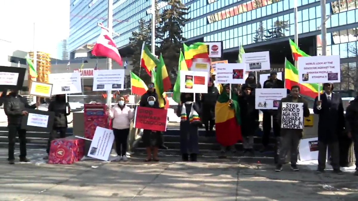Dozens of Calgarians gathered for a peaceful demonstration to denounce ongoing ethnic cleansing in Ethiopia Mar. 5, 2022.