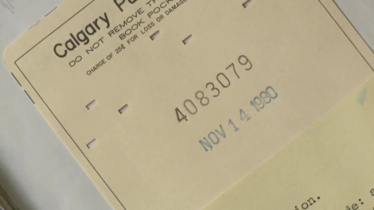A library stamp shows a book recently returned to the Calgary public library was signed out in 1980.