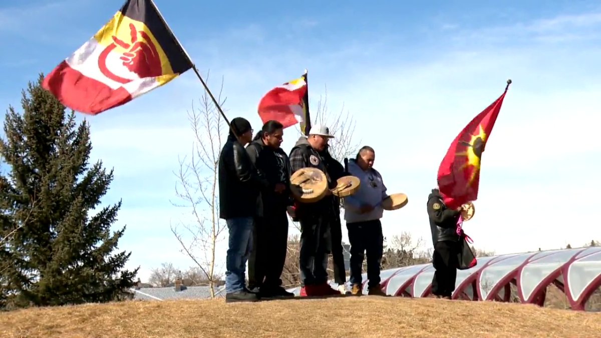 Indigenous drummers at an anti-racism rally in Calgary March 20, 2022.