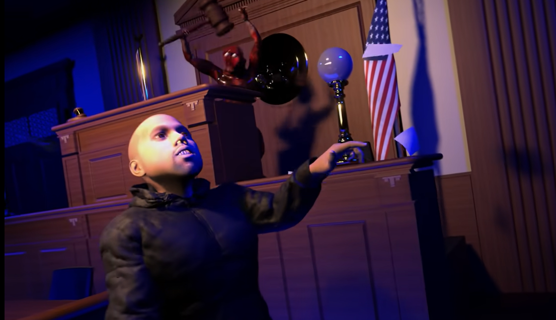 Kanye West as an animated 3D model in a court house, as seen in his new Eazy music video.