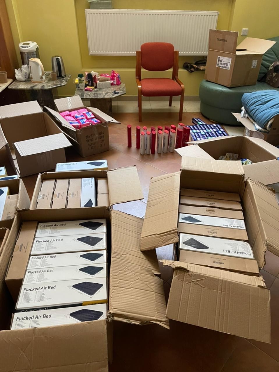 Photo of supplies at a a shelter for Ukrainian LGBTQ2S+ community members and women in Ukraine.