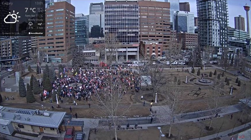 Protesters gathered at Central Memorial Park in Calgary Mar. 19, 2022.