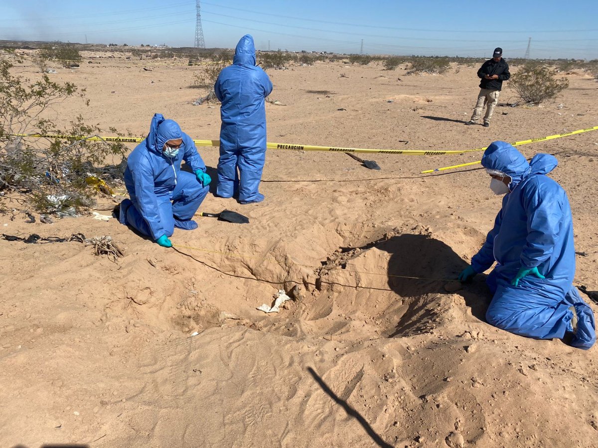 a photo of investigators wearing full-body blue coverings while recovering bodies from burial pits.