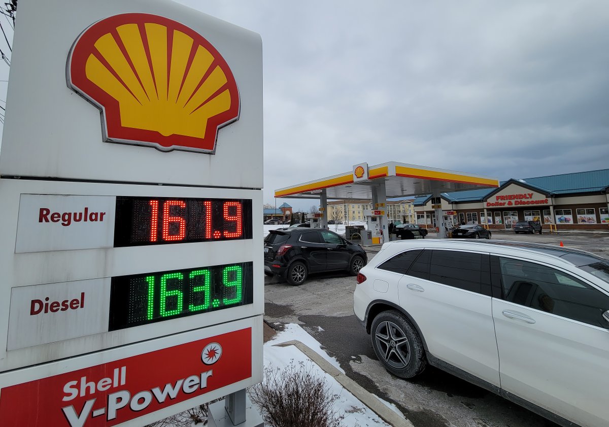 Gas prices are shown on the screen outside of a Shell gas station in Ontario.