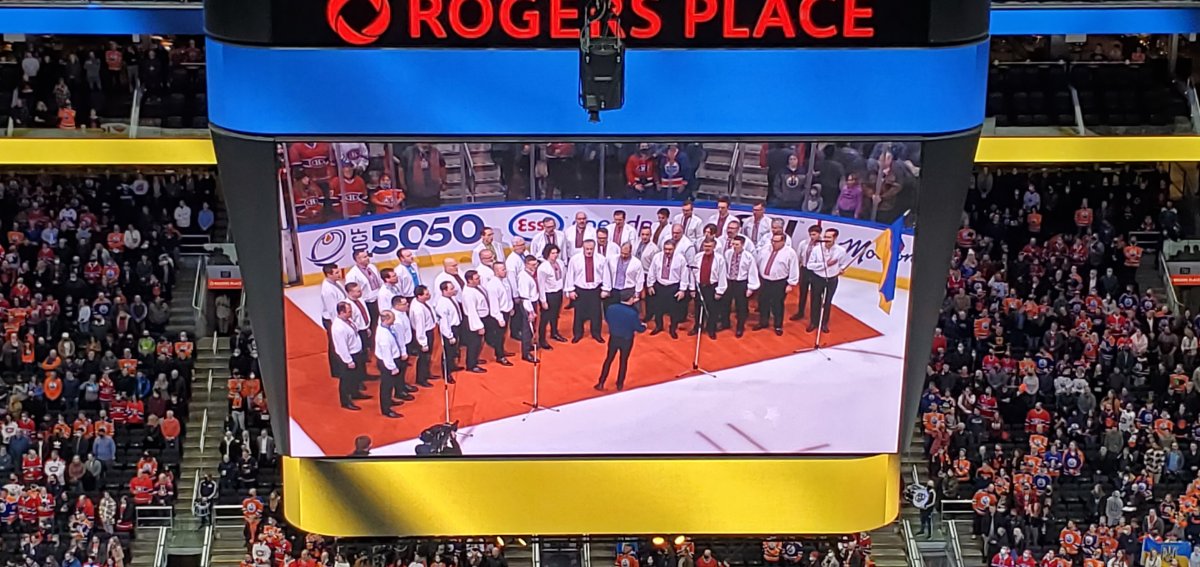 The colours of the Ukraine flag were shown at Rogers Place Mar. 5, 2022.