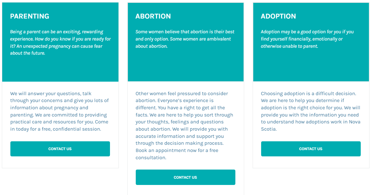The three unplanned pregnancy options on the Pregnancy Pathways website.