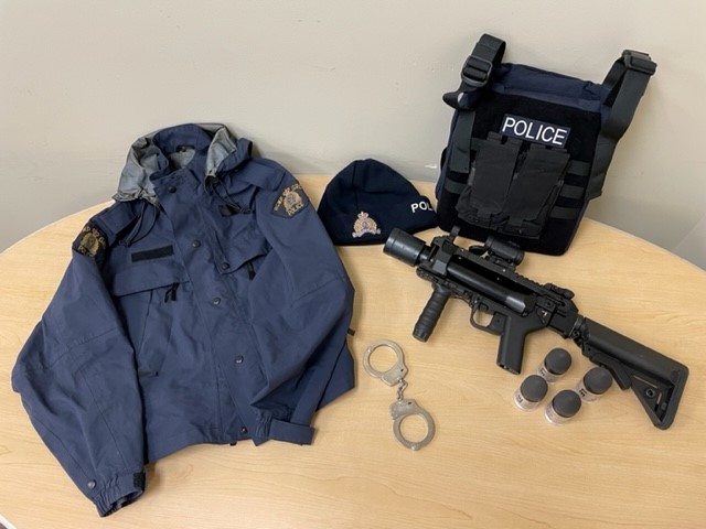 Grande Prairie RCMP say a patrol jacket, toque, handcuffs, hard body armour, and a 40-millimetre extended range impact weapon were stolen from an unsecured RCMP vehicle on Wednesday, March 16, 2022.
