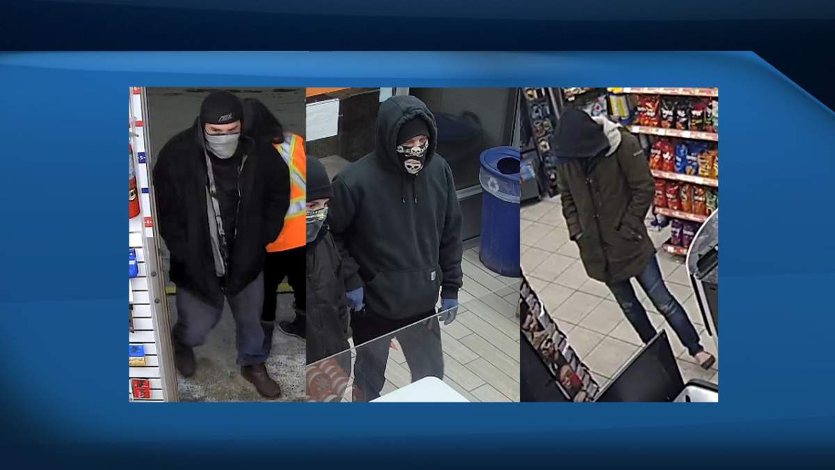 Undated CCTV images of a trio of suspects Calgary police are looking for information about following a three-week string of convenience store and pizza restaurant robberies.