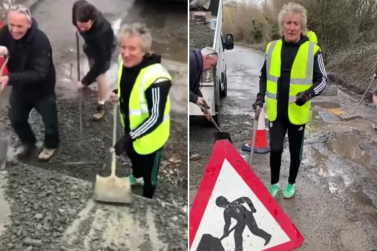 Rod Stewart is seen in two photos repairing the road near his home in England. He is wearing a yellow safety vest and black track suit.