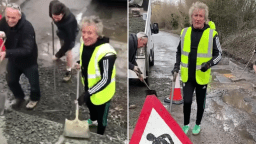 Rod Stewart is seen in two photos repairing the road near his home in England. He is wearing a yellow safety vest and black track suit.