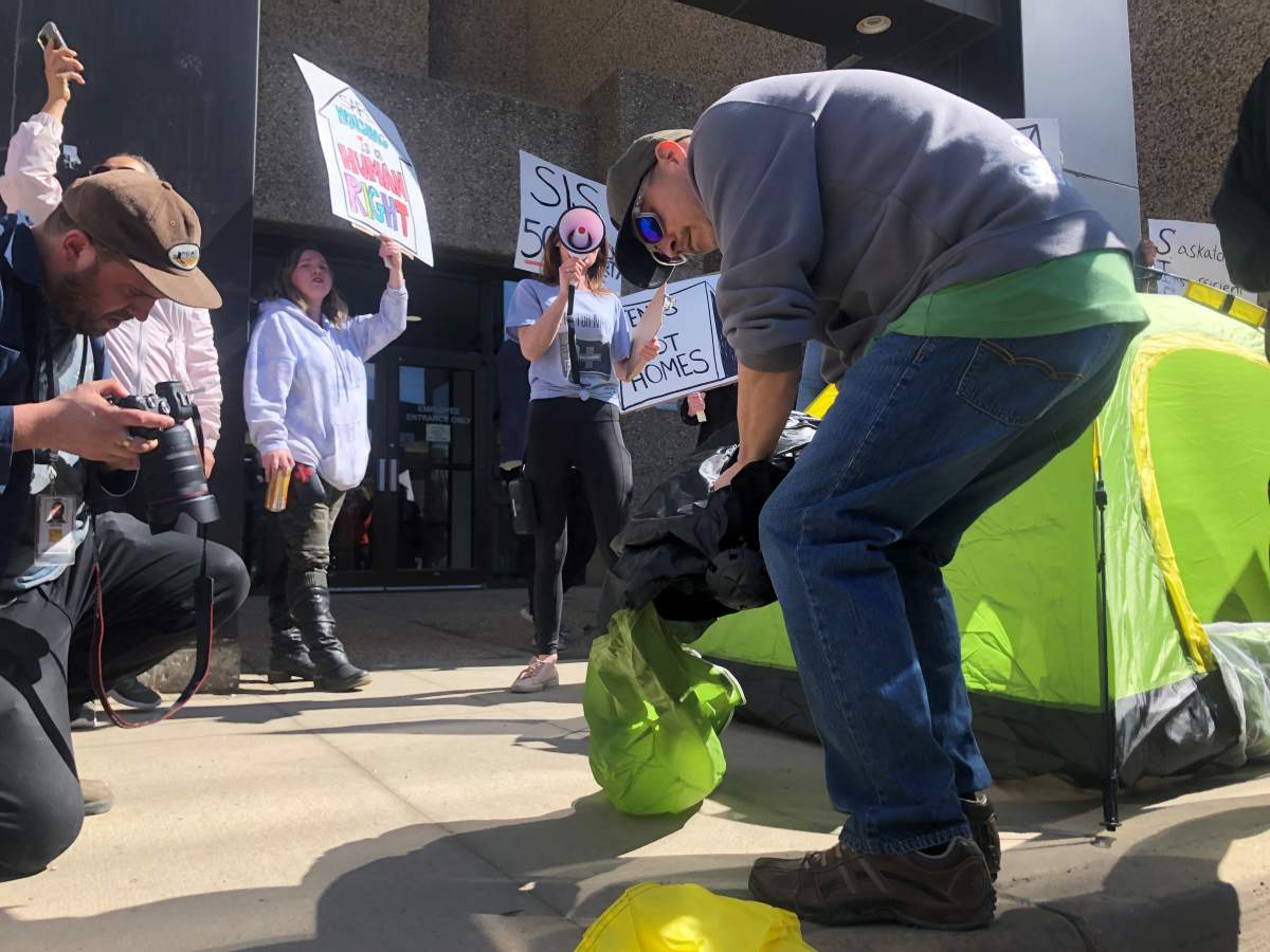 Tents were symbolically set up outside of the Saskatchewan Income Assistance offices on Broad Street Monday. 