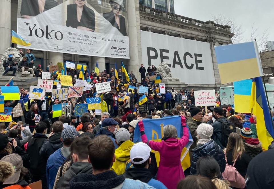 Demonstrators gather at the Vancouver Art Gallery in support of Ukraine on Saturday, Feb. 26.