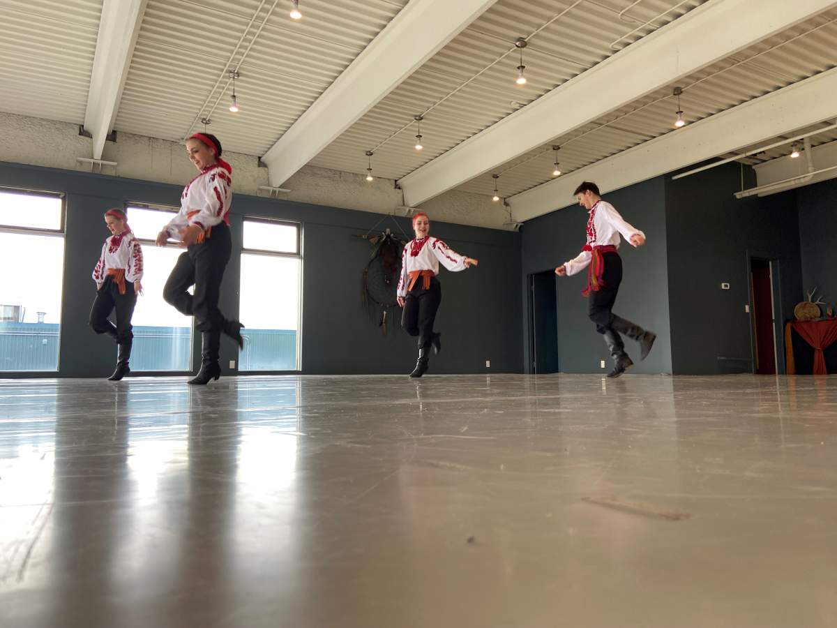 Dancers rehearsing at Vykrutas Ukrainian Dance Society’s studio.