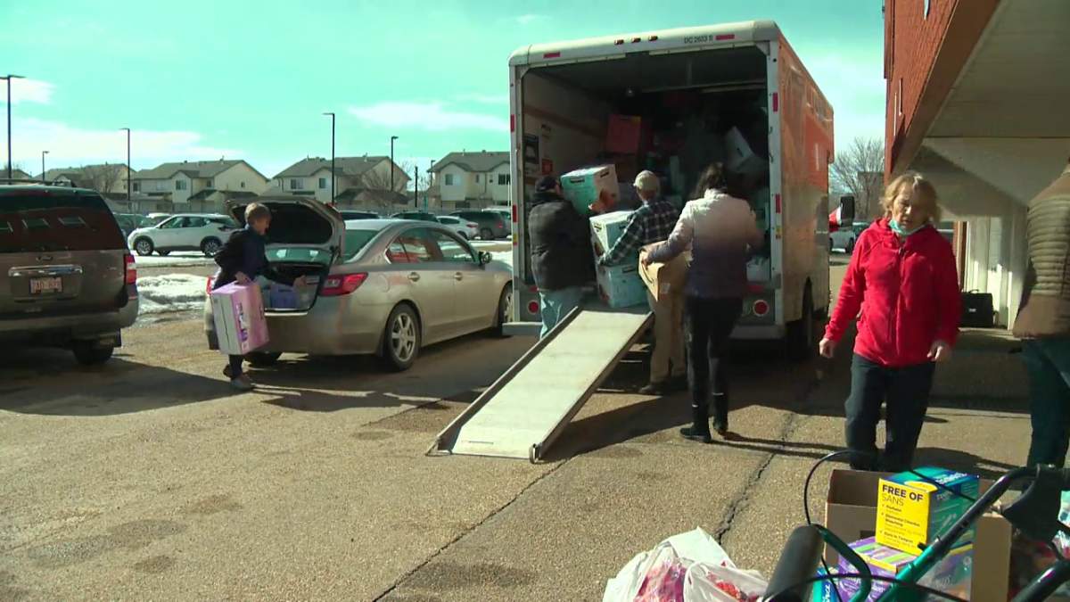 Volunteers at Edmonton's Polish Hall gather donations to be sent for the people of Ukraine Monday, March 21, 2022.