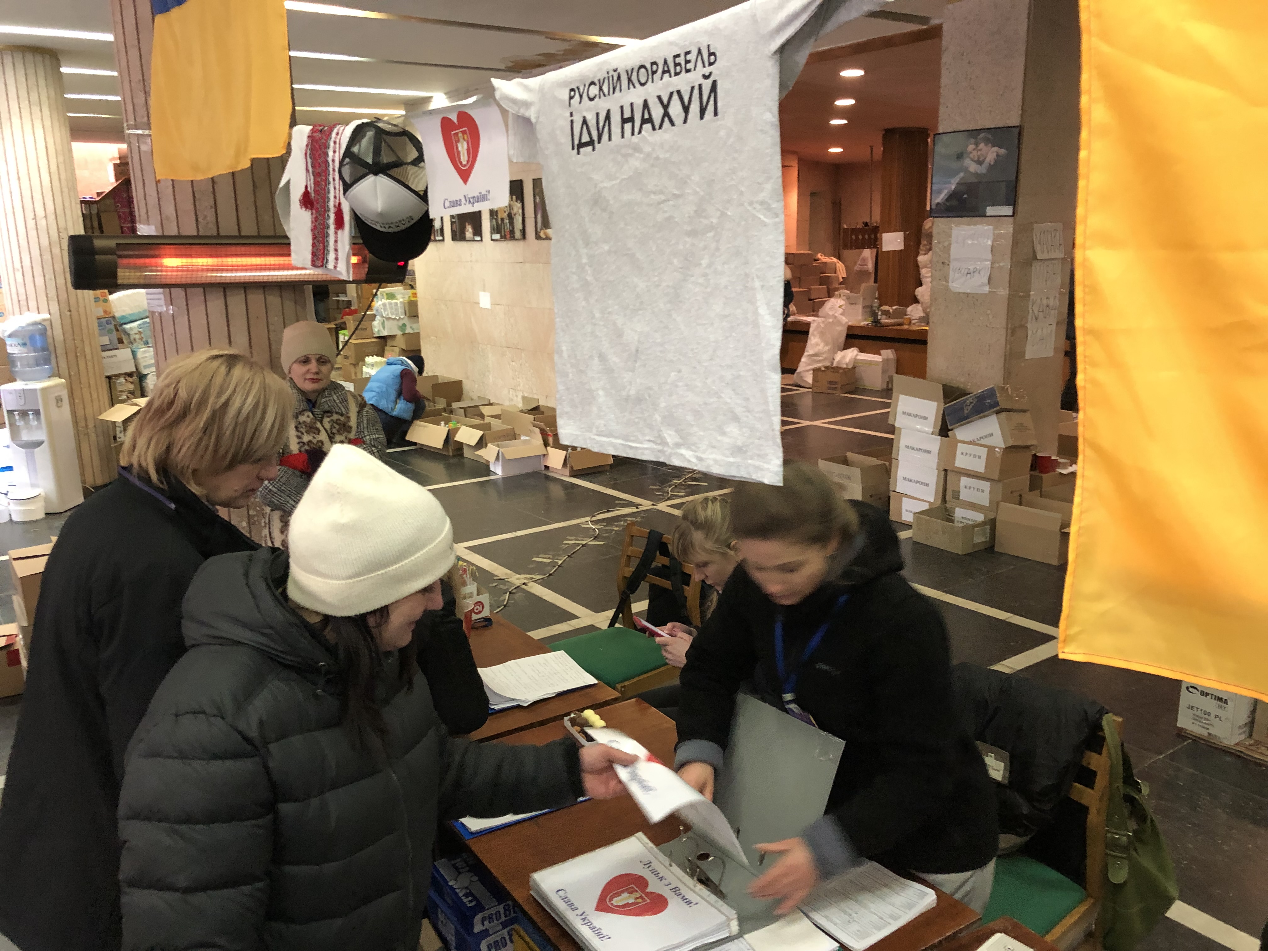Volunteers working at centre supporting war effort, Lutsk, Ukraine, March 12, 2022.
