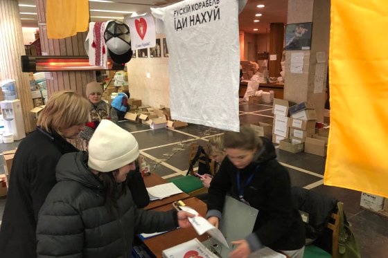 Volunteers working at centre supporting war effort, Lutsk, Ukraine, March 12, 2022.