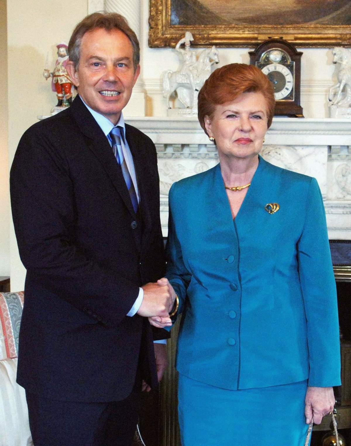Prime Minister Tony Blair (L) meets Latvian President Vaira Vike-Freiberga (R) at Downing Street on July 10, 2006 in London, England. (Photo by Stefan Rousseau/Pool/Getty Images)