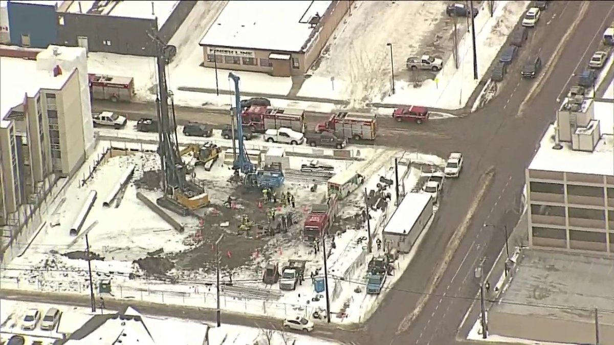 A worker was taken to hospital after falling down a pile hole at a construction site in Edmonton Monday, March 7, 2022.