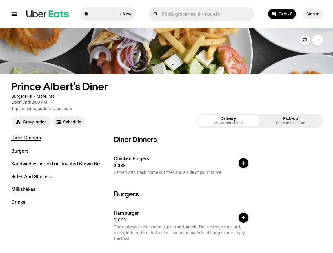 Prince Albert’s Uber Eats page.