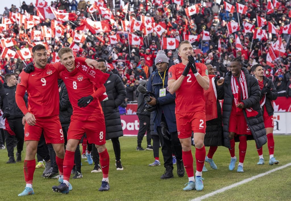 Members of Canada’s national soccer team celebrate after clinching a berth in CONCACAF World Cup Qualifier soccer action against Jamaica in Toronto on Sunday March 27, 2022