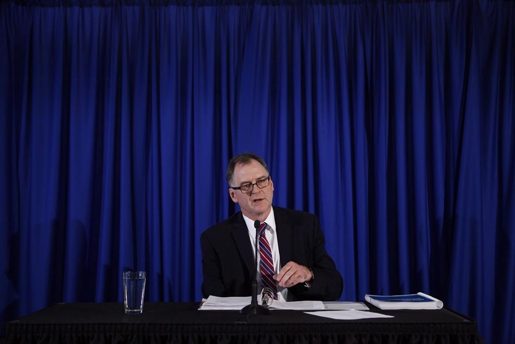 Ombudsperson Jay Chalke speaks during a press conference in Victoria, Thursday, April 6, 2017.