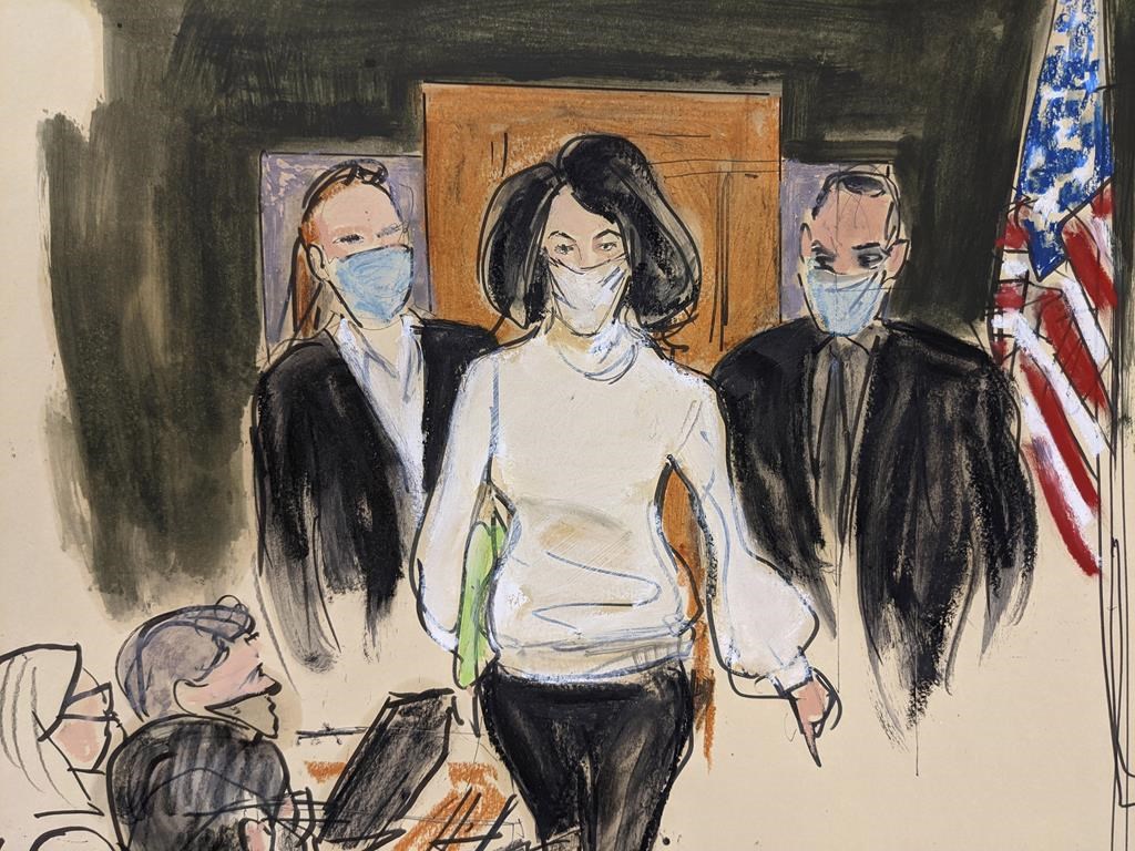 In this courtroom sketch, Ghislaine Maxwell enters the courtroom escorted by U.S. Marshalls at the start of her trial, Nov. 29, 2021, in New York.