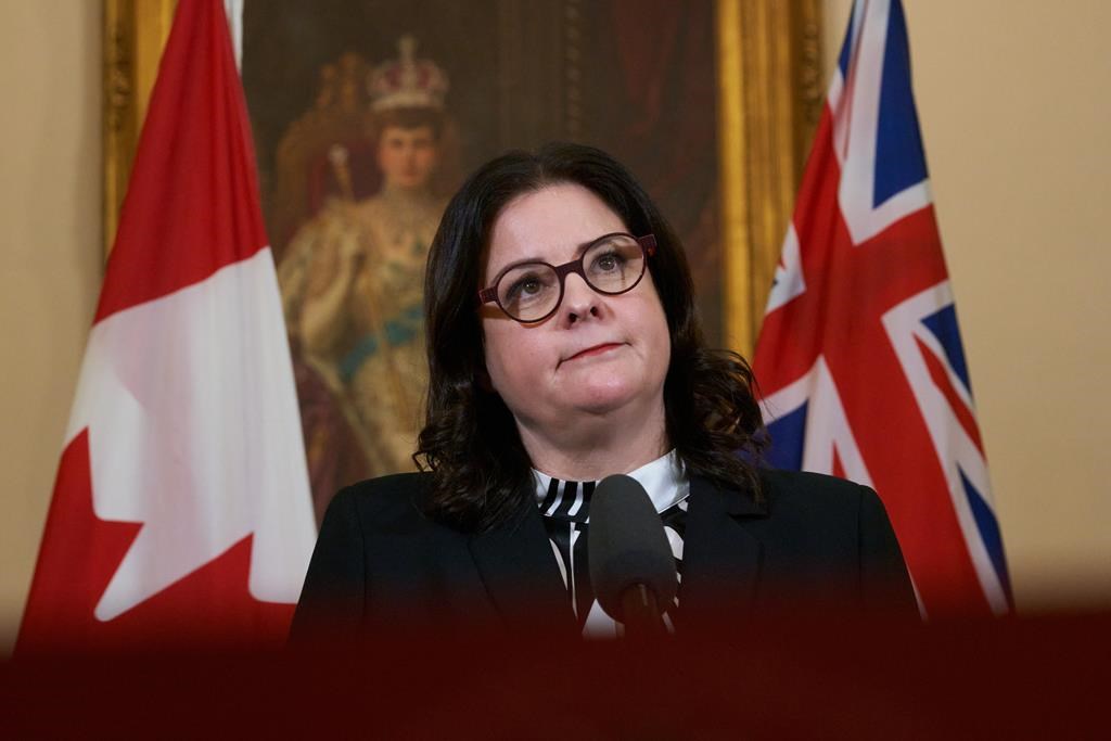 Manitoba Premier Heather Stefanson speaks to the media at the Manitoba Legislative Building in Winnipeg, Tuesday, Jan. 18, 2022. Manitoba's Progressive Conservative party has suddenly called off their annual fall dinner that was scheduled for next week.