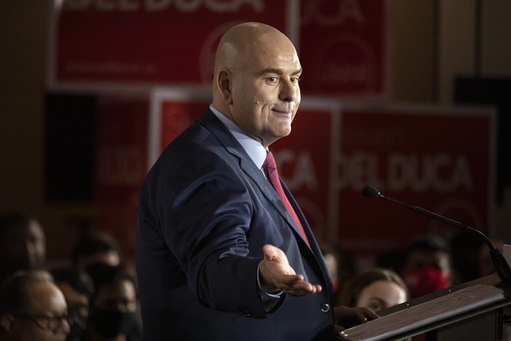 Ontario Liberal Party Leader Steven Del Duca speaks in Toronto, Saturday, March 26, 2022, as the party announces its first platform plank ahead of the provincial election. THE CANADIAN PRESS/Chris Young.