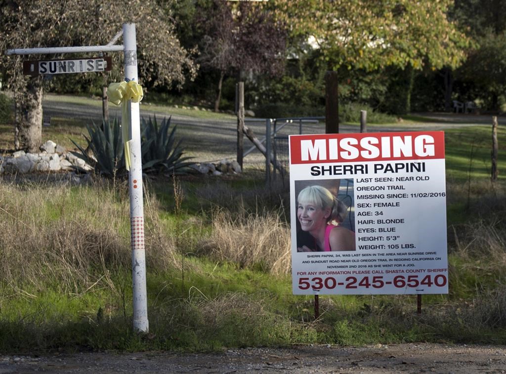 A "missing" sign for Redding, Calif., resident Sherri Papini is seen near the location where the mother of two is initially believed to have gone missing while jogging.